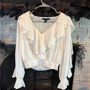 Forever 21 White Ruffle V-Neck Blouse